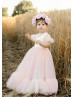 Flutter Sleeves Ivory Lace Blush Pink Tulle Twirl Flower Girl Dress